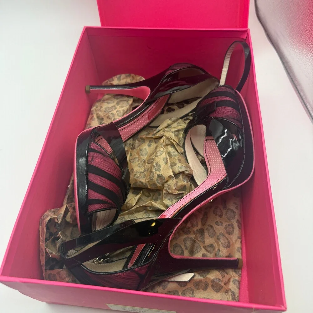 Betsey Johnson Gail Heels Women 9 Black Pink Patent Chiffon Pinup Y2K Pumps